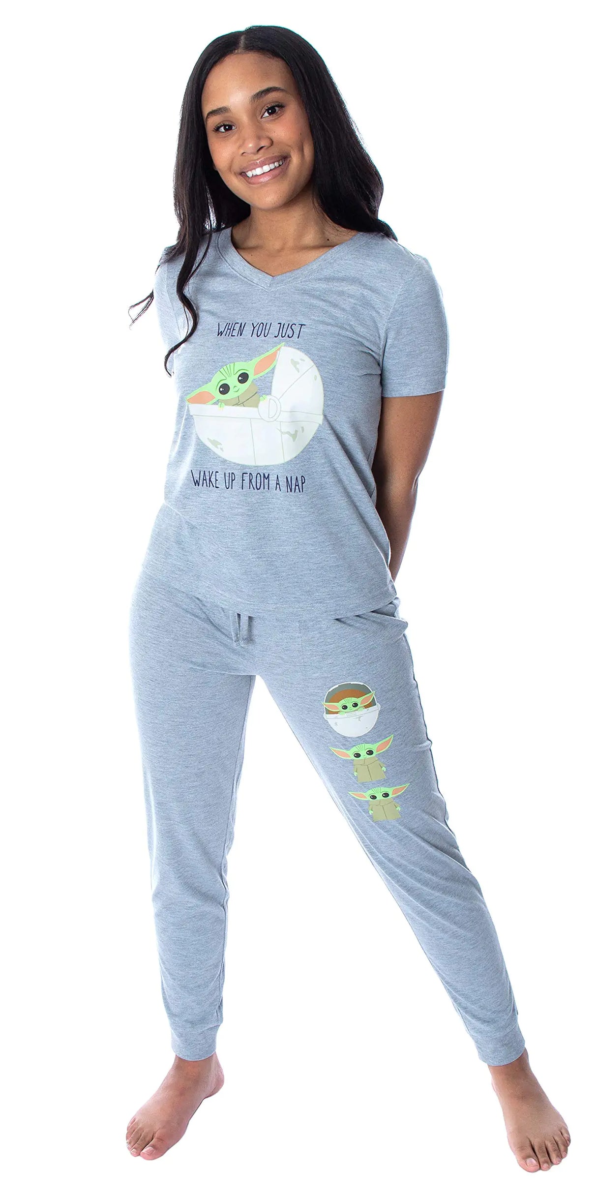 Star Wars Womens The Mandalorian Baby Yoda Wake Up Face Shirt and Jogger Pants 2 Piece Loungewear Pajama Set (Large) Grey