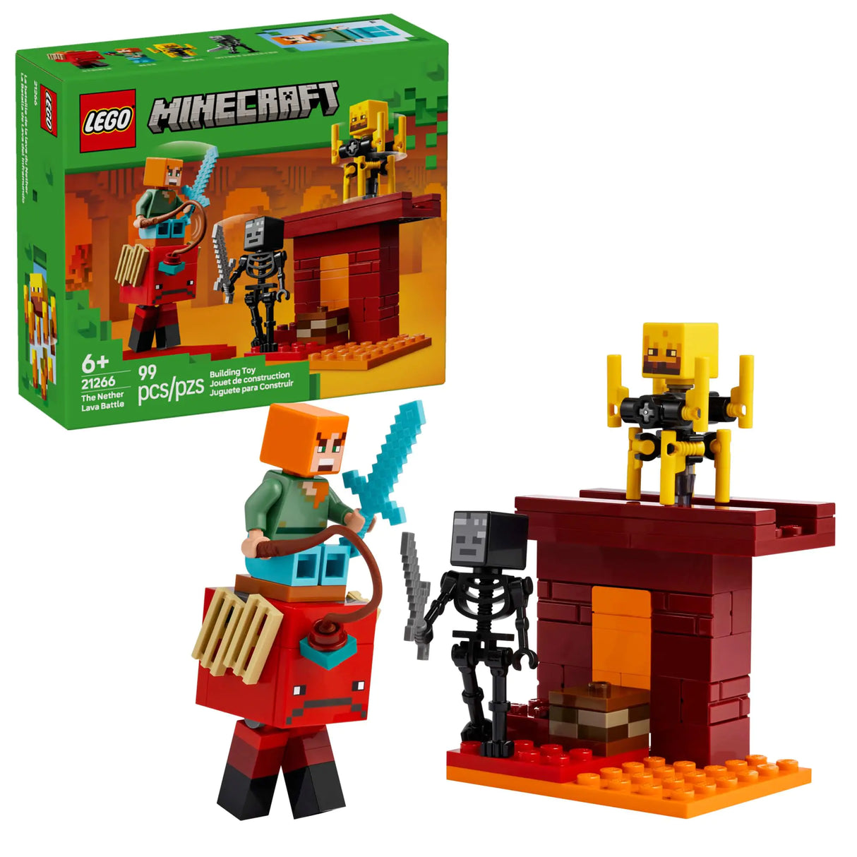 LEGO Minecraft The Nether Lava Battle Toy and Playset - Building Minecraft Toy for Kids Ages 6+ - Alex Wither Skeleton Blaze and Strider Figures for Pretend Play - Gift Idea for Birthdays - 21266