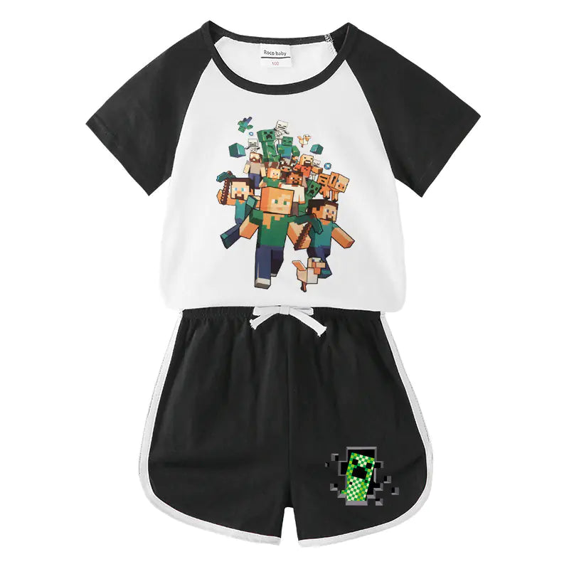 Kids Summer Minecraft T-Shirt and Shorts Set (Two Pieces)