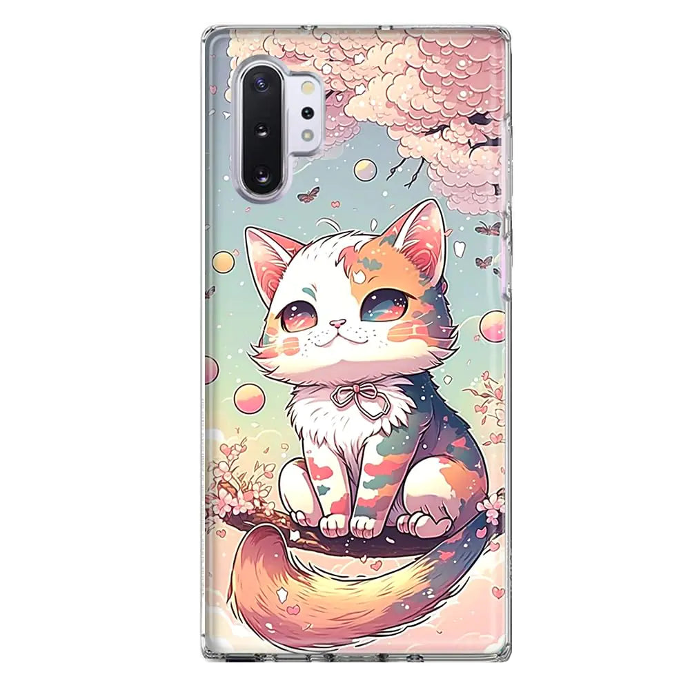 Mundaze - Case for Samsung Galaxy Note 10 Plus Slim Hybrid Shockproof Hard Shell Soft TPU Heavy Duty Protective Phone Cover - Kawaii Manga Pink Cherry Blossom Cute Cat