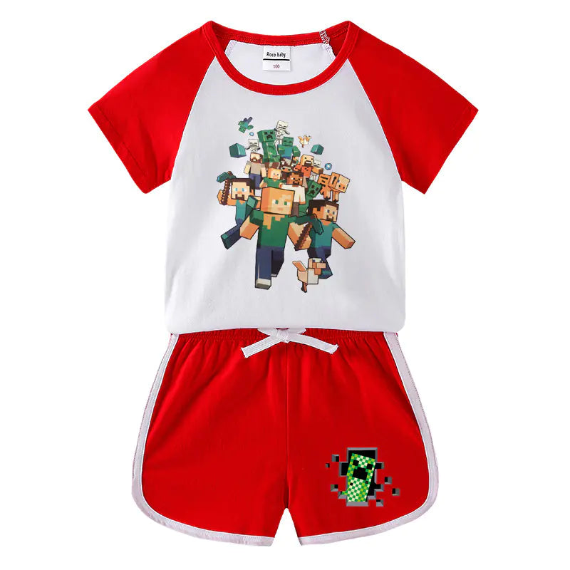 Kids Summer Minecraft T-Shirt and Shorts Set (Two Pieces)