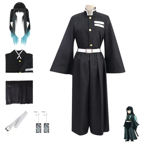 UZAIN Mens Demon Muichiro Cosplay Costume Tokitou Muichirou Cosplay Uniform Kimono With Wig Full Set Outfit Halloween (S Black+Wig) - My Anime Haven