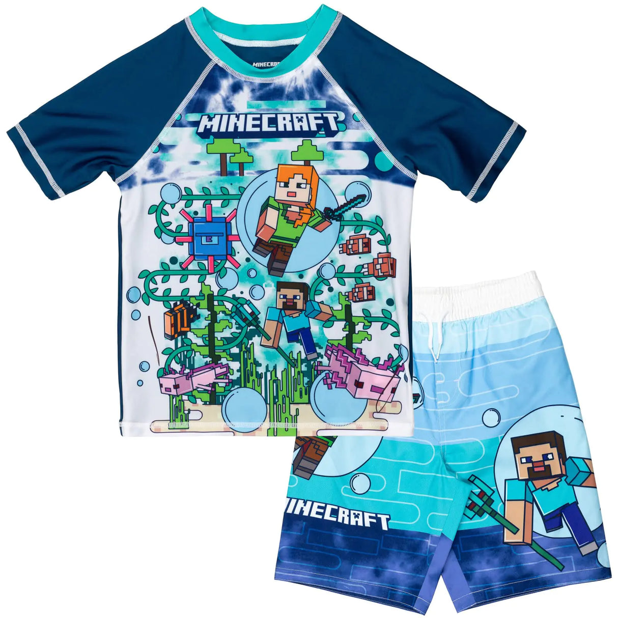 Minecraft Alex Steve Big Boys Rash Guard and Swim Trunks Swimsuit Set Blue 8