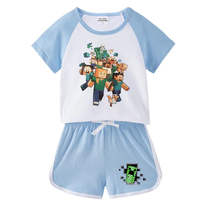Kids Summer Minecraft T-Shirt and Shorts Set (Two Pieces)