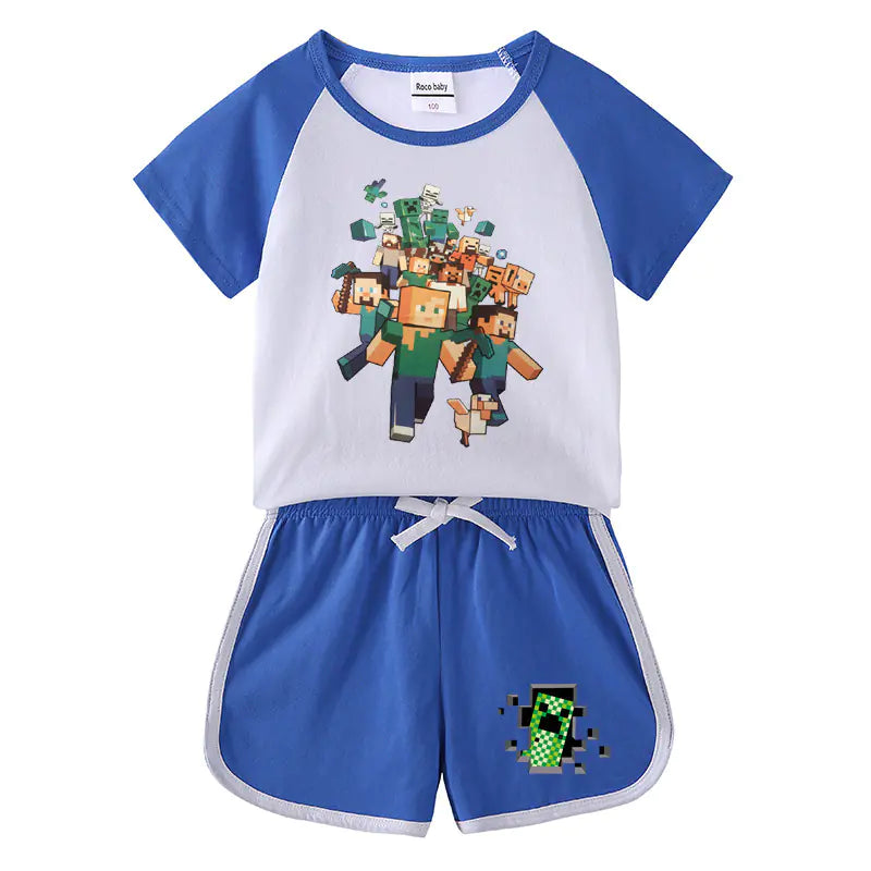 Kids Summer Minecraft T-Shirt and Shorts Set (Two Pieces)
