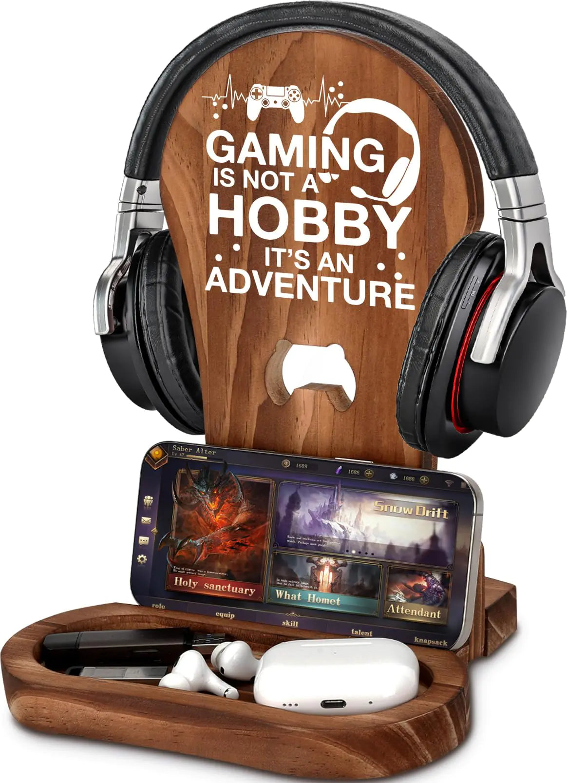 CryCarrot Gamer Gifts for Teenage Boys Gaming Headphone Stand for Men Gaming Room Decor Wooden Headset Holder Son Boyfriend Husband Game Lover Gifts -Sorry I Cant Hear You Im Gaming