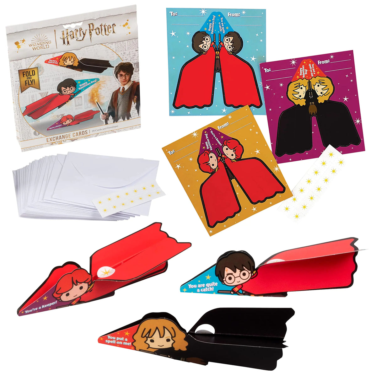 Harry Potter Flying Broom Valentines Day Cards for Kids 28 Card Pack & Envelopes - Fold and Fly Paper Airplane Harry Hermione and Ron - Great for School Classroom Parties - Boys & Girls ages 4+