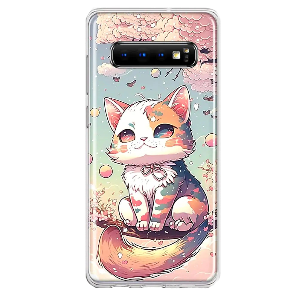 Mundaze - Case for Samsung Galaxy S10 Plus Slim Hybrid Shockproof Hard Shell Soft TPU Heavy Duty Protective Phone Cover - Kawaii Manga Pink Cherry Blossom Cute Cat