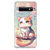 Mundaze - Case for Samsung Galaxy S10 Plus Slim Hybrid Shockproof Hard Shell Soft TPU Heavy Duty Protective Phone Cover - Kawaii Manga Pink Cherry Blossom Cute Cat